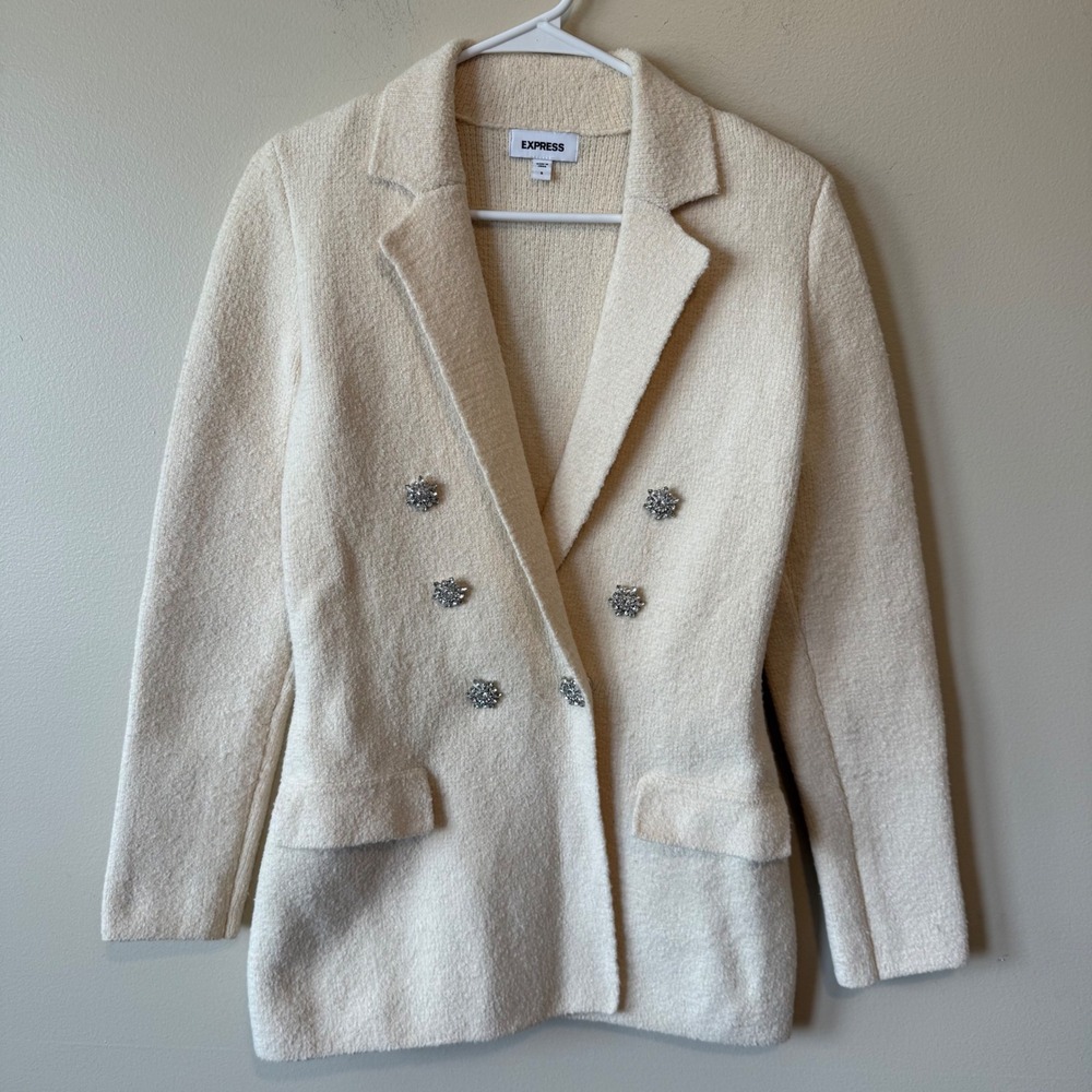 Express Womens Cotton Blend Blazer Size S Cream White Rhinestone Double Breasted